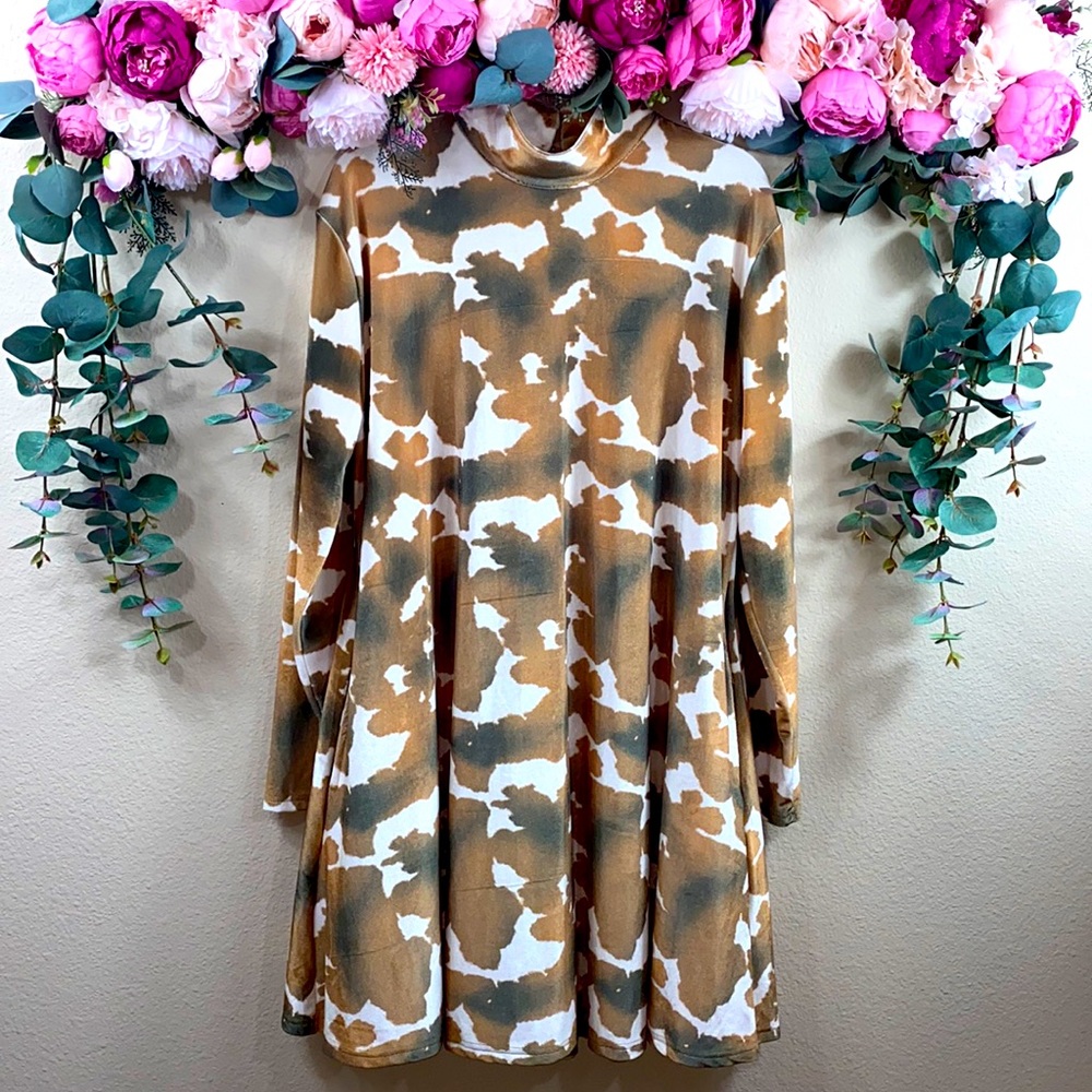 •L&B• Moovin On Out Bright Mock Neck Dress L [brown tan cream] {Long Sleeved}